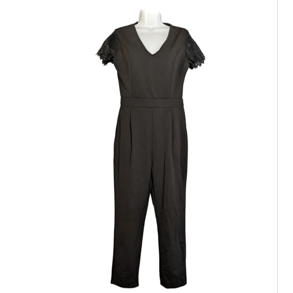 Lace Jumpsuit Short Sleeves Zip Up Back Black Size Small Women's
